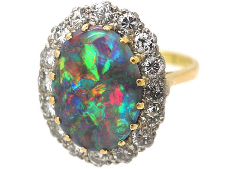 18ct White & Yellow Gold, Black Opal & Diamond Cluster Ring