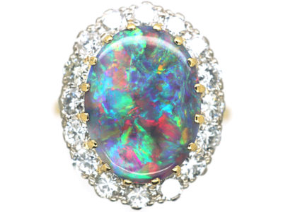 18ct White & Yellow Gold, Black Opal & Diamond Cluster Ring