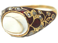 Edwardian 18ct Gold, Moonstone, Enamel & Rose Diamond Ring