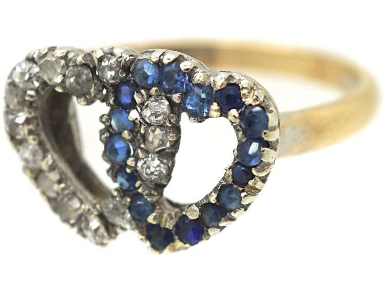 Edwardian 18ct Gold, Sapphire & Rose Diamond Entwined Double Heart Ring