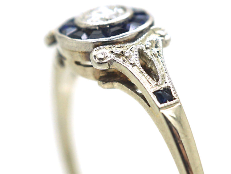 Art Deco 14ct White Gold, Sapphire & Diamond Target Ring
