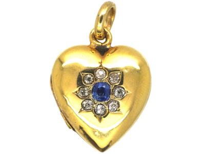 Edwardian 15ct Gold Heart Shaped Locket with Flower Motif set with a Sapphire & Diamonds