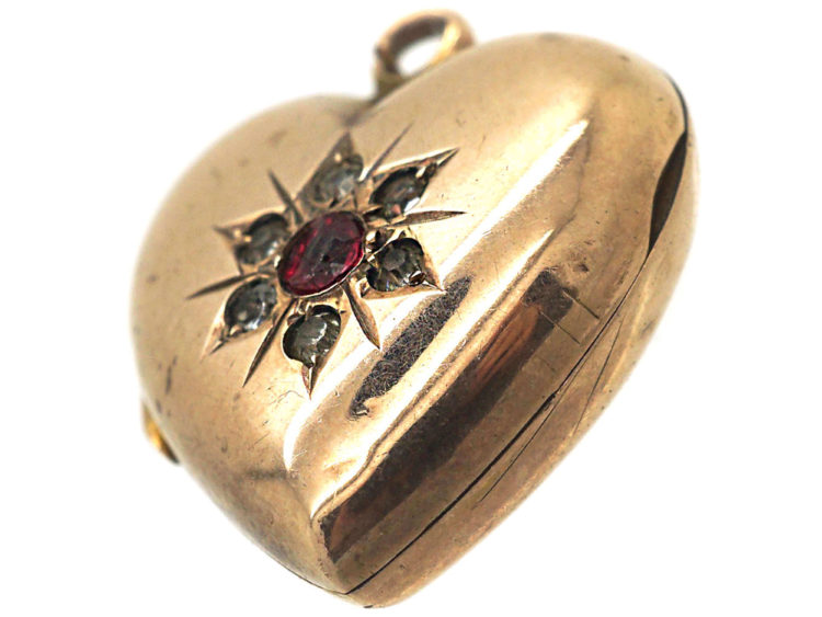 Edwardian 9ct Back & Front Heart Shaped Locket set with Red & White Paste