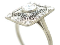 Art Deco Rectangular Platinum & Diamond Ring with Key Design Detail