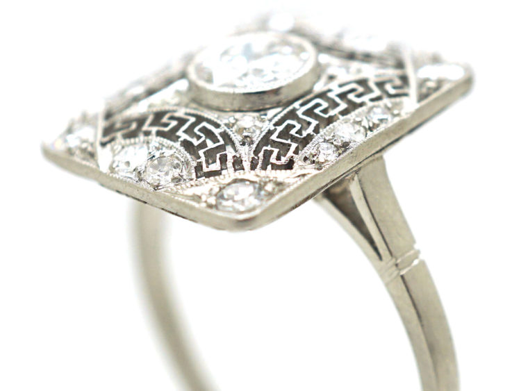 Art Deco Rectangular Platinum & Diamond Ring with Key Design Detail