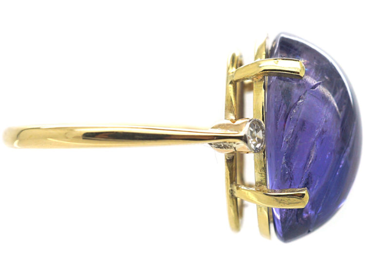 Art Deco 18ct Gold Large Cabochon Sapphire Ring with Diamond Set Shoulders
