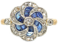 Edwardian 18ct Gold & Platinum Catherine Wheel Design Ring set with Sapphires & Diamonds