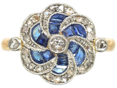 Edwardian 18ct Gold & Platinum Catherine Wheel Design Ring set with Sapphires & Diamonds
