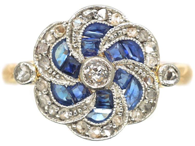 Edwardian 18ct Gold & Platinum Catherine Wheel Design Ring set with Sapphires & Diamonds