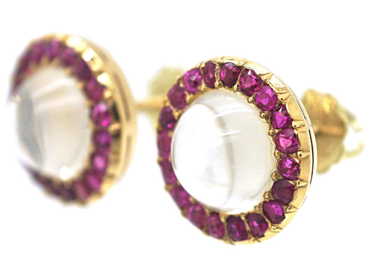 Edwardian 14ct Gold Moonstone & Ruby Round Stud Earrings