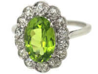 Edwardian 18ct White Gold, Diamond & Peridot Oval Cluster Ring