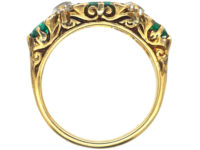 Victorian 18ct Gold, Colombian Emerald & Diamond Five Stone Carved Half Hoop Ring