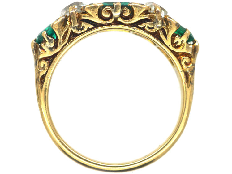 Victorian 18ct Gold, Colombian Emerald & Diamond Five Stone Carved Half Hoop Ring