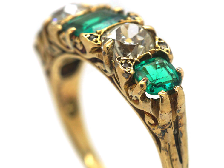 Victorian 18ct Gold, Colombian Emerald & Diamond Five Stone Carved Half Hoop Ring