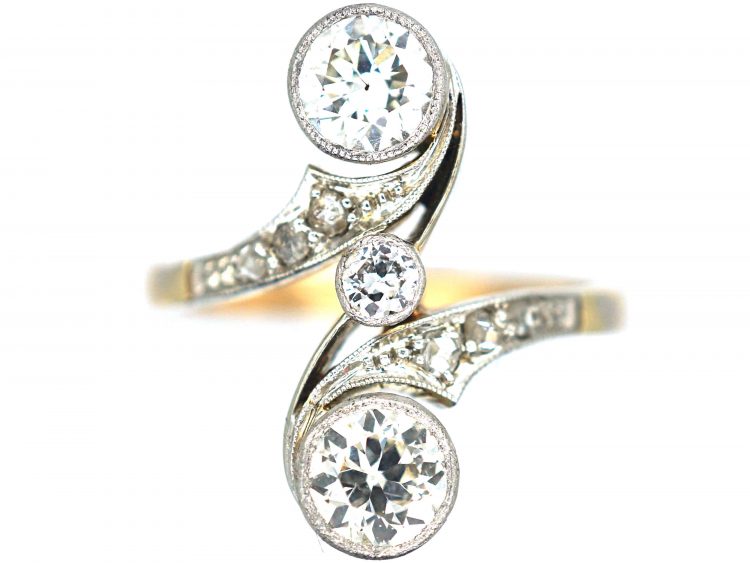 French Import 18ct Gold & Platinum Art Nouveau Two Stone Diamond Ring