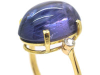 Art Deco 18ct Gold Large Cabochon Sapphire Ring with Diamond Set Shoulders