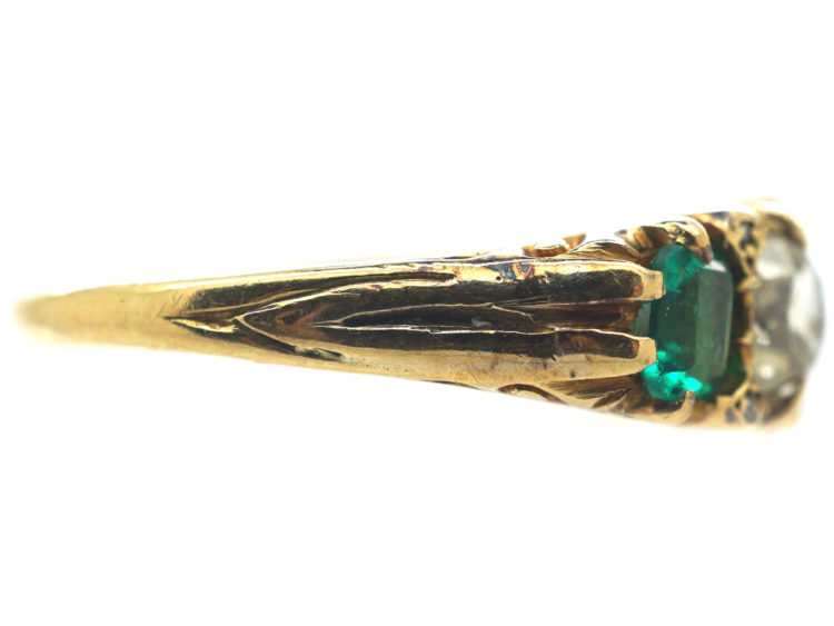 Victorian 18ct Gold, Colombian Emerald & Diamond Five Stone Carved Half Hoop Ring