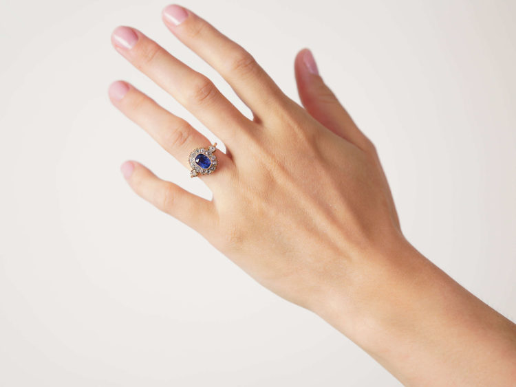 Edwardian 18ct Gold Sapphire & Diamond Cluster Ring with Diamond Set Shoulders