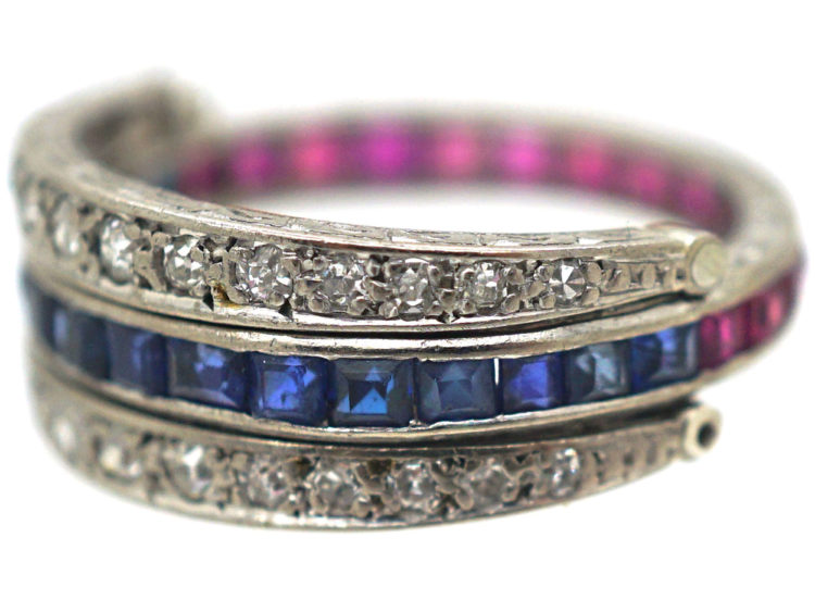 Art Deco 18ct White Gold Sapphire, Diamond & Ruby Flip over Ring