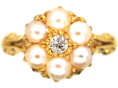 Edwardian 18ct Gold, Natural Pearl & Diamond Cluster Ring