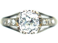 Art Deco 18ct Gold & Platinum, Diamond Solitaire Ring with Diamond Set Shoulders