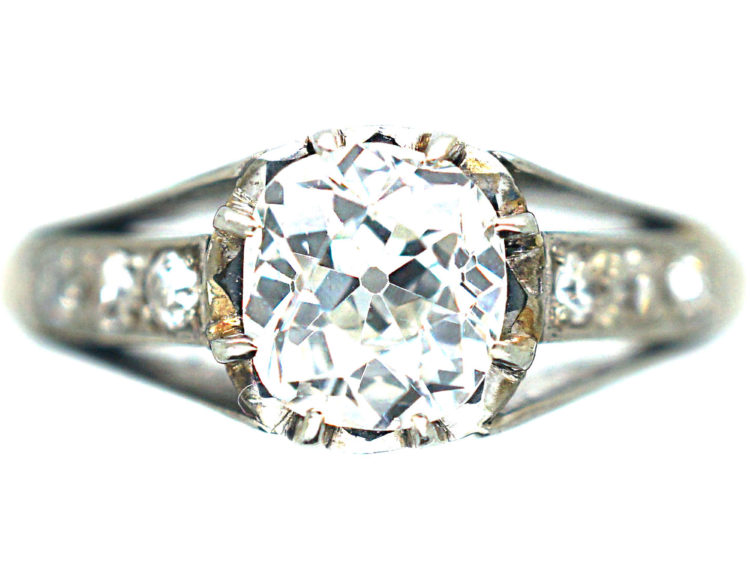 Art Deco 18ct Gold & Platinum, Diamond Solitaire Ring with Diamond Set Shoulders