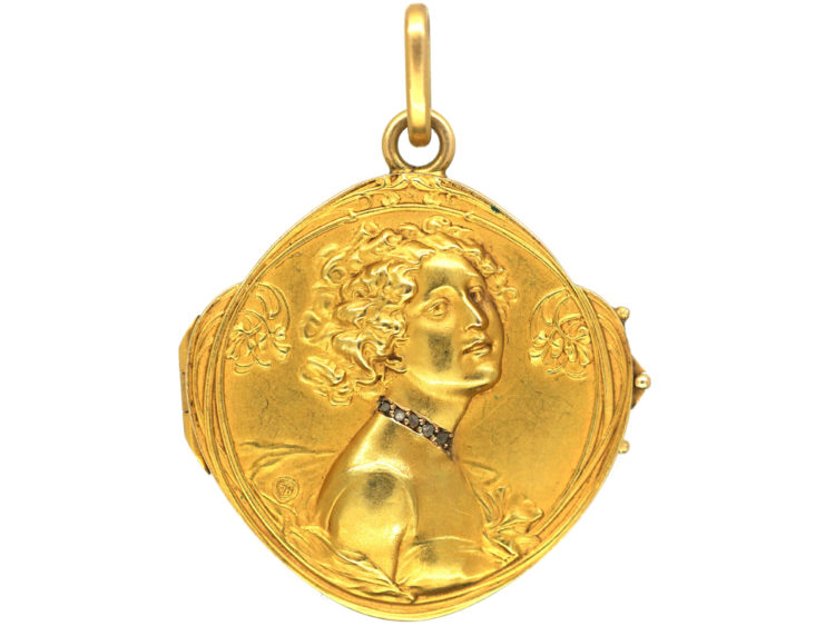 Art Nouveau 18ct Gold & Diamond Locket with Lady with Flowing Hair