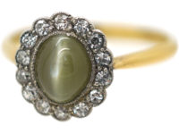 Edwardian 18ct Gold, Diamond & Cat's Eye Chrysoberyl Cluster Ring