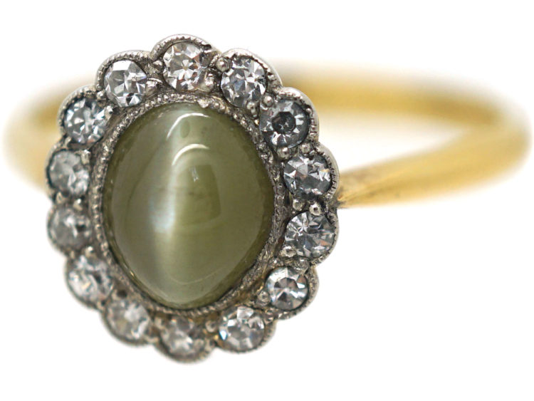 Edwardian 18ct Gold, Diamond & Cat's Eye Chrysoberyl Cluster Ring