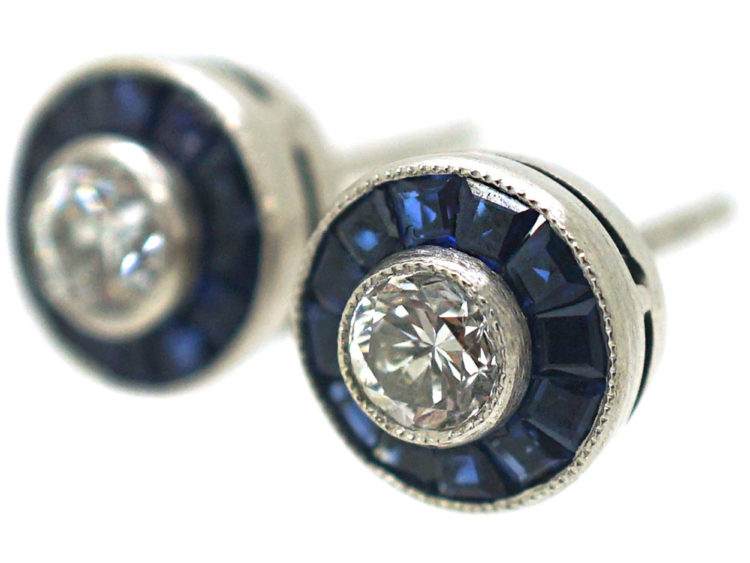 Art Deco 18ct White Gold, Sapphire & Diamond Target Earrings