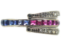 Art Deco 18ct White Gold Sapphire, Diamond & Ruby Flip over Ring