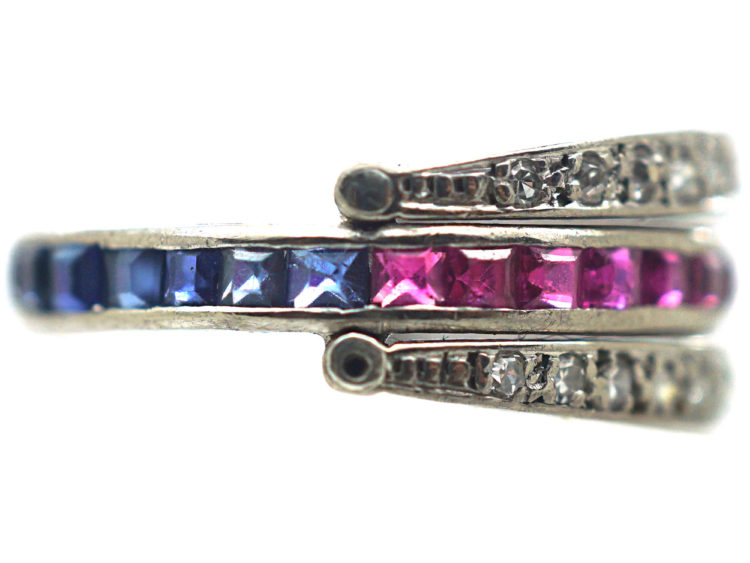 Art Deco 18ct White Gold Sapphire, Diamond & Ruby Flip over Ring