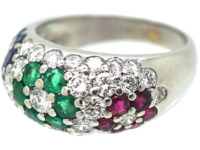 18ct White Gold Tutti Frutti Sapphire, Diamond, Emerald & Ruby Flowers Ring