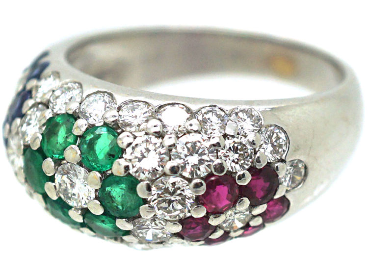 18ct White Gold Tutti Frutti Sapphire, Diamond, Emerald & Ruby Flowers Ring
