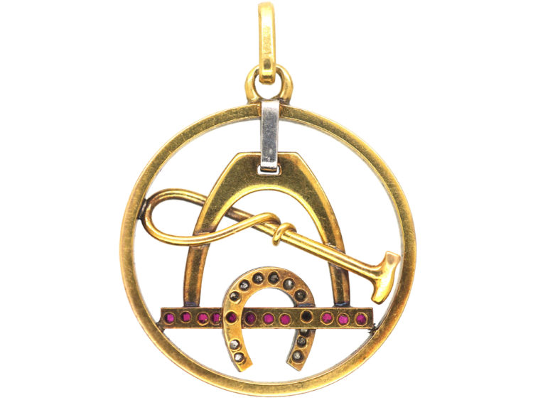 Art Deco 18ct gold & Platinum, Diamond & Ruby Stirrup, Whip & Horseshoe Pendant