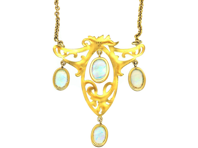 Art Nouveau 14ct Gold and Opal Pendant On 18ct Gold Art Nouveau Chain