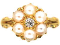 Edwardian 18ct Gold, Natural Pearl & Diamond Cluster Ring