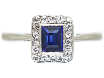 Art Deco 18ct White Gold Sapphire & Diamond Rectangular Shaped Cluster Ring