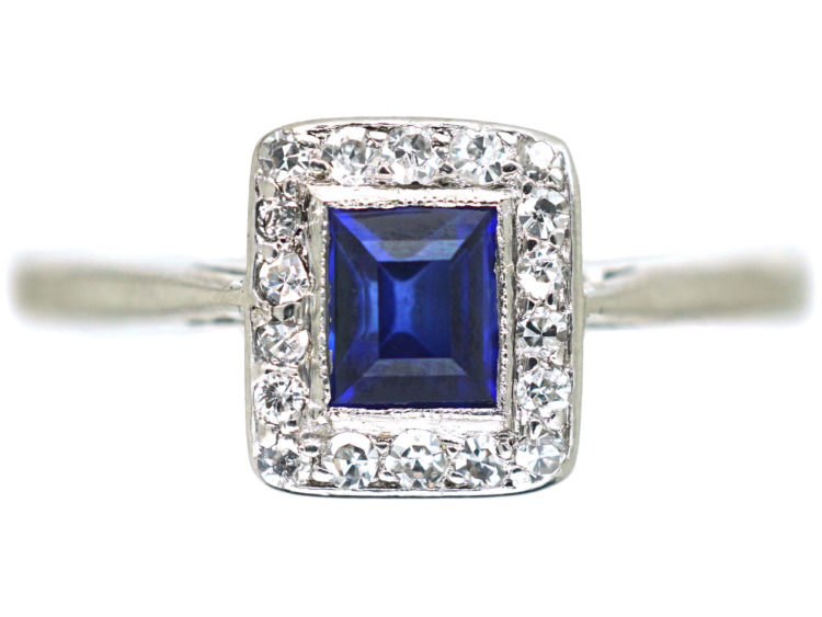 Art Deco 18ct White Gold Sapphire & Diamond Rectangular Shaped Cluster Ring