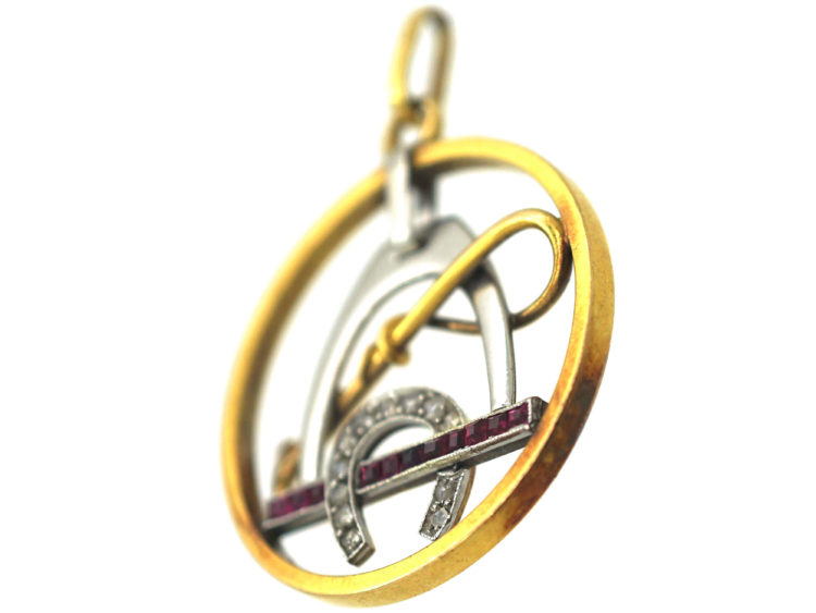 Art Deco 18ct gold & Platinum, Diamond & Ruby Stirrup, Whip & Horseshoe Pendant