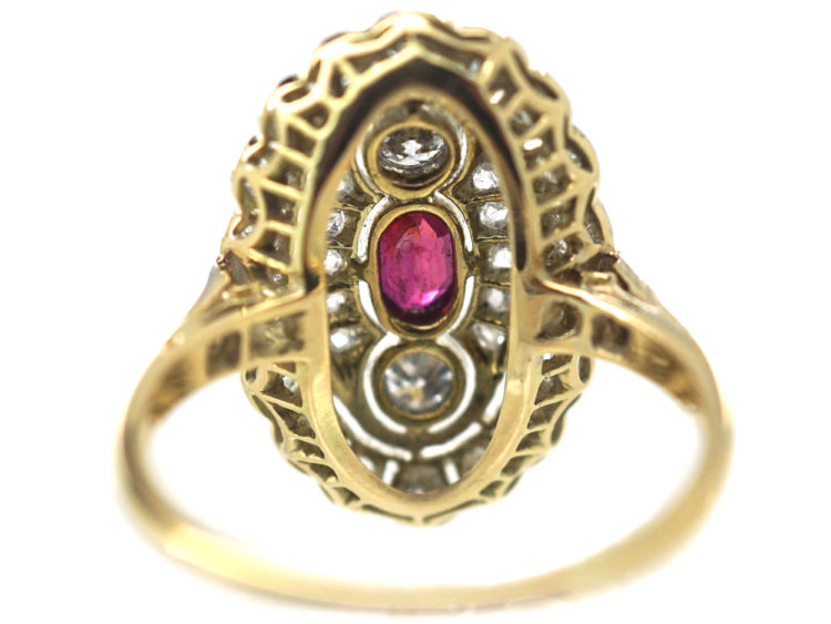 Art Deco 18ct Gold & Platinum, Ruby & Diamond Large Oval Cluster Ring