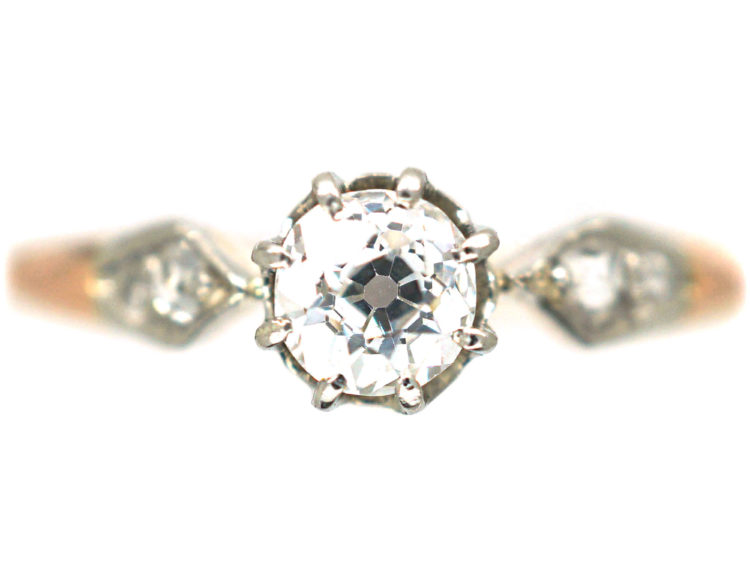 Edwardian 18ct Rose Gold and Platinum Solitaire Diamond Ring with Diamond set Shoulders