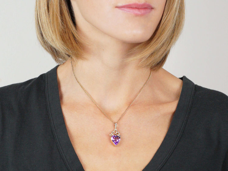 Edwardian 9ct Gold Heart Pendant set with Natural Split Pearls & a Heart Shaped Amethyst
