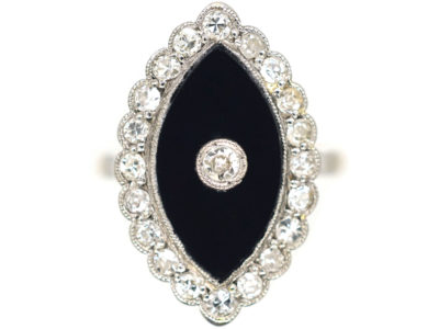 Art Deco 18ct Gold & Platinum, Onyx & Diamond Marquise Shaped Ring