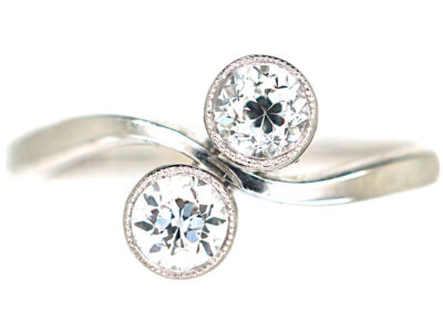 Edwardian 14ct White Gold Two Stone Diamond Crossover Ring