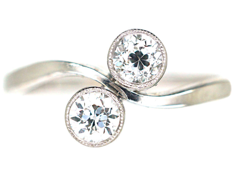 Edwardian 14ct White Gold Two Stone Diamond Crossover Ring