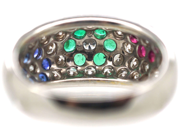 18ct White Gold Tutti Frutti Sapphire, Diamond, Emerald & Ruby Flowers Ring