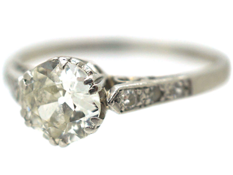 Art Deco Platinum Diamond Solitaire Ring with Diamond Shoulders