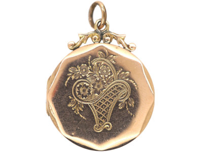 Edwardian 9ct Back & Front Octagonal Locket with Swallow & Flower Basket Motif