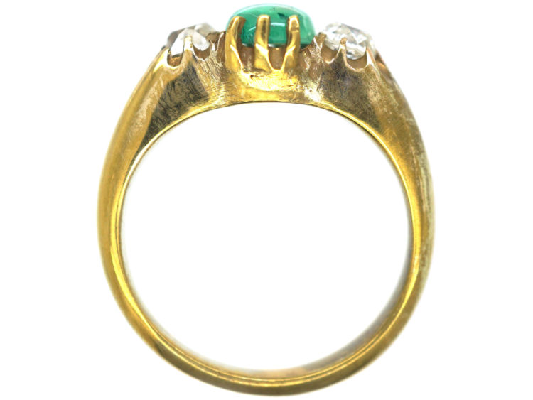 Victorian 18ct Gold Cabochon Emerald & Diamond Three Stone Ring